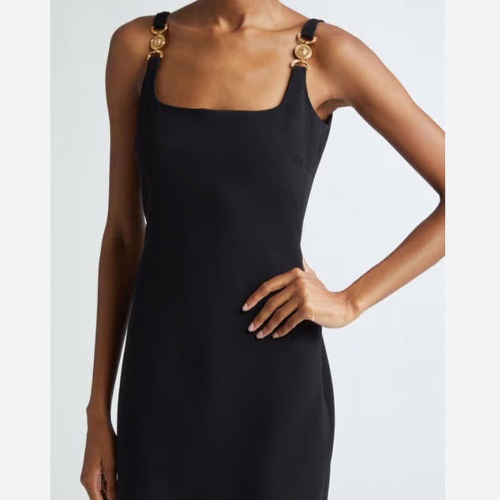 Versace Black Mini Dress with Gold Medallion Straps